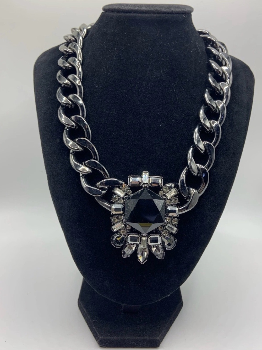 Banana Republic Black Matte Clear Rhinestone Chain Statement Necklace Signed